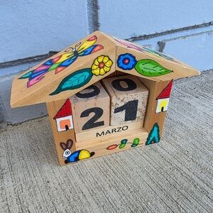 Vintage Wooden Perpetual Calendar Hand Painted Folk Art House Desk Decor Spanish